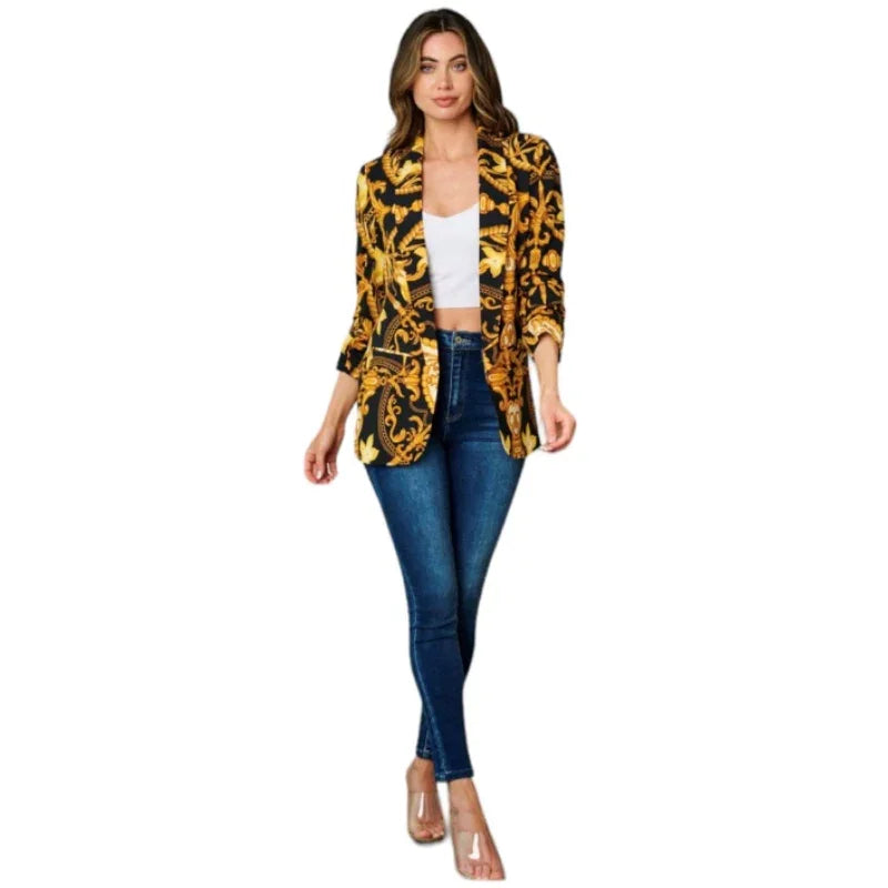 Blazer ouvert à manches 3/4 OVI imprimé pour femme.