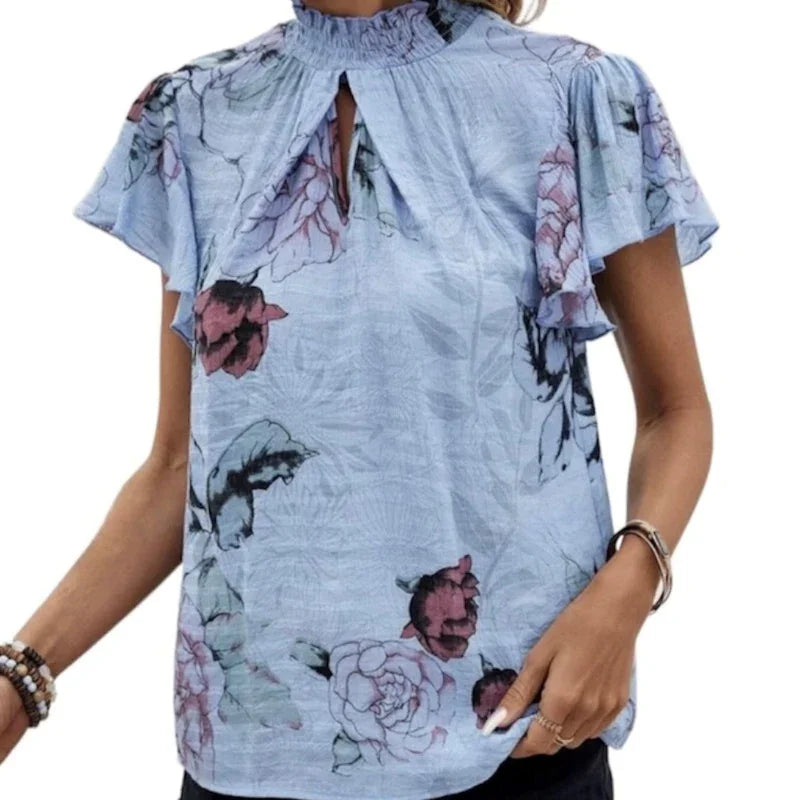 Blouse col smocké manche courte pour femme #couleur_bleu