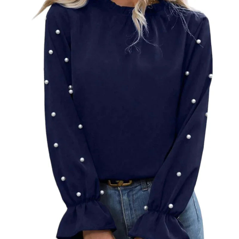 C'est Elle blouse perles sur manches marine pour femme #couleur_marine