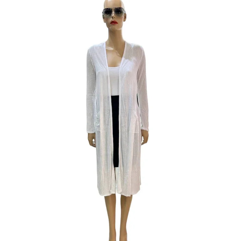 Long cardigan femme avec 2 poches #couleur_blanc