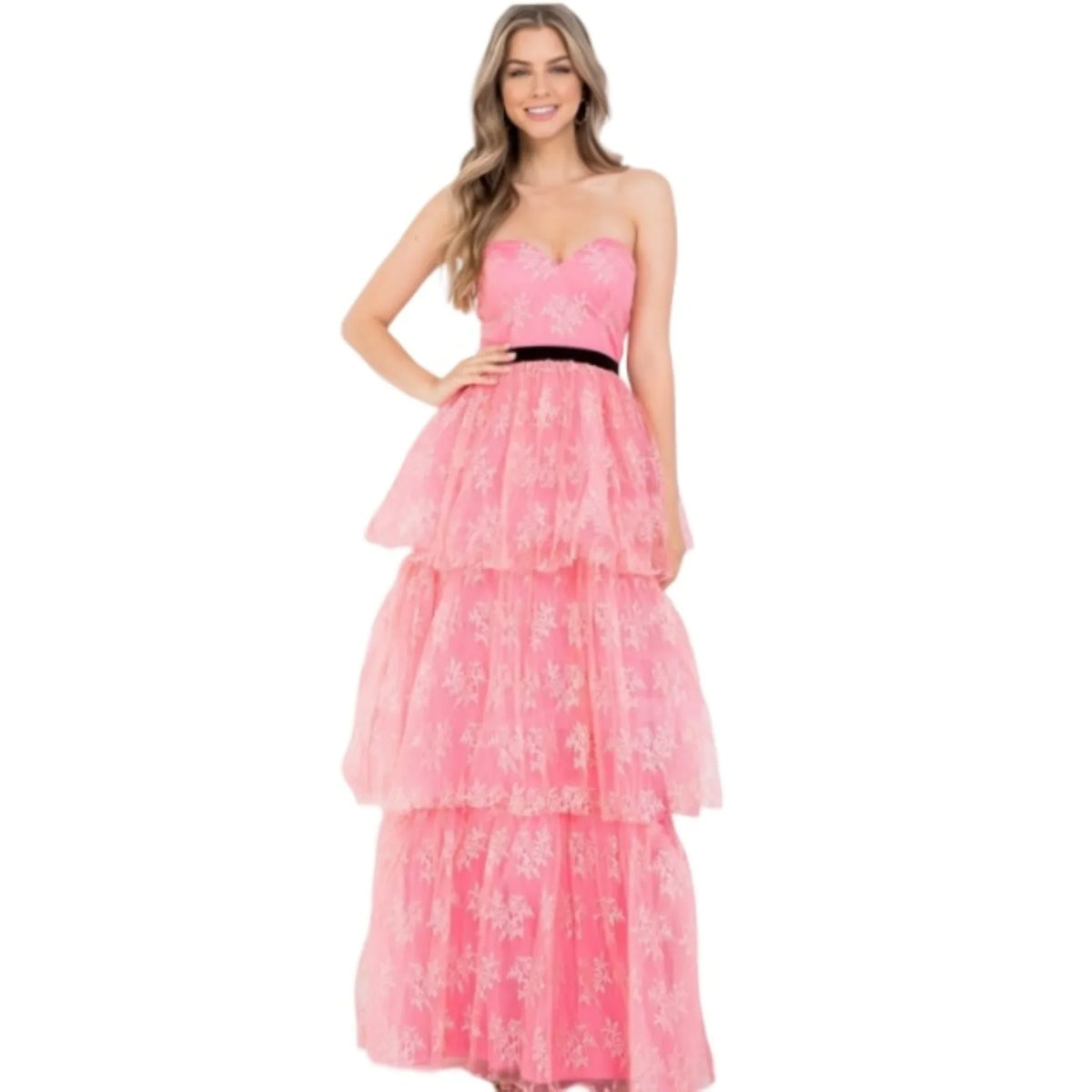 Robe dentelle ceinture noire #couleur_corail