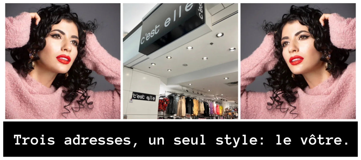 Femme maquillée en pull rose, devanture de boutique de vêtements femme, slogan mode