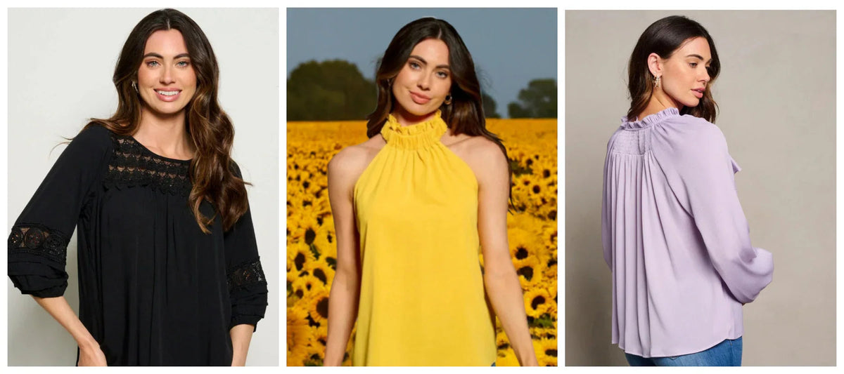 Trois femmes portant des blouses et chemisiers tendance, coloris noir, jaune et lilas