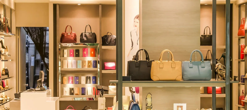 Boutique d’accessoires femme avec sacs à main tendance, portefeuilles colorés et chaussures élégantes