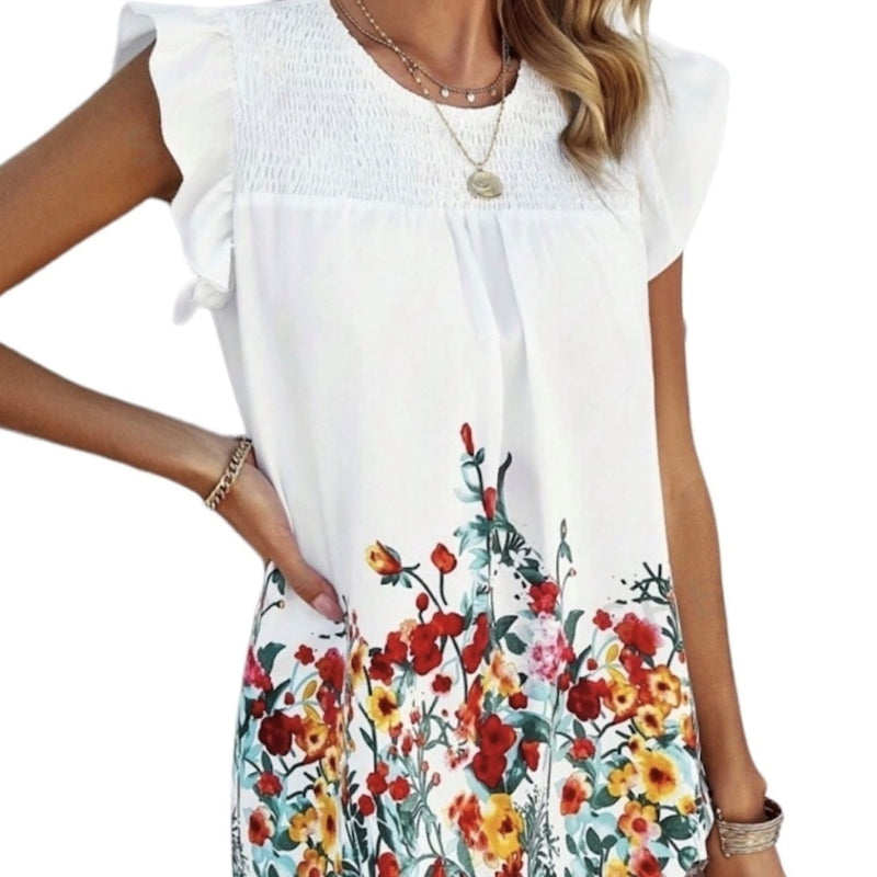 Blouse imprimé floral smocké pour femme #couleur_blanc