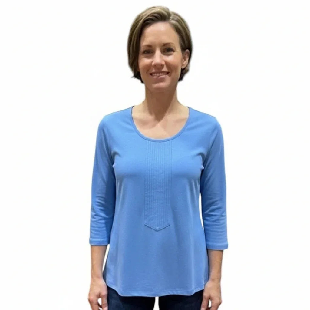 T-shirt bleu femme à manches 3/4 avec détails texturés, tendance et confortable