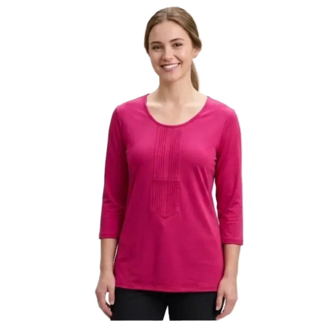 T-shirt rose fuchsia à manches 3/4 et plissé devant pour femme