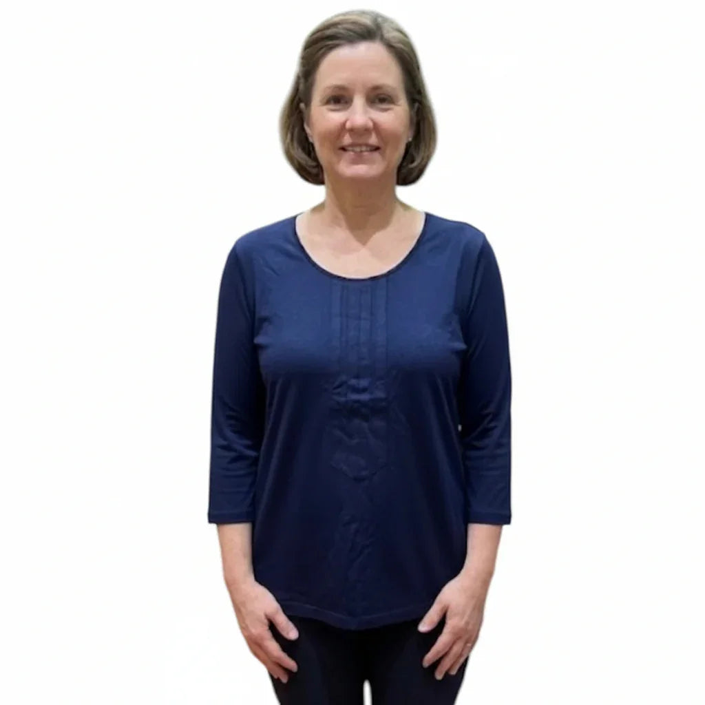 T-shirt bleu marine à manches 3/4 pour femme, style tendance et confortable