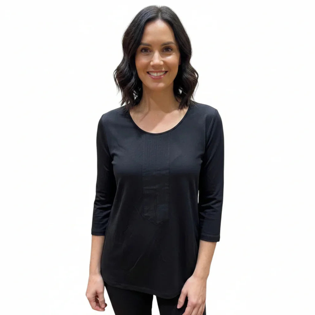 T-shirt noir à manches 3/4 et poche pour femme, style tendance et confortable