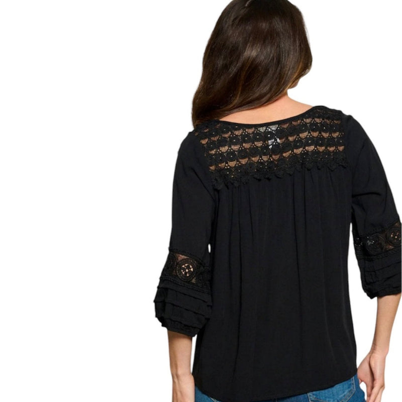Blouse crochet noire manches 3/4 #couleur_noir