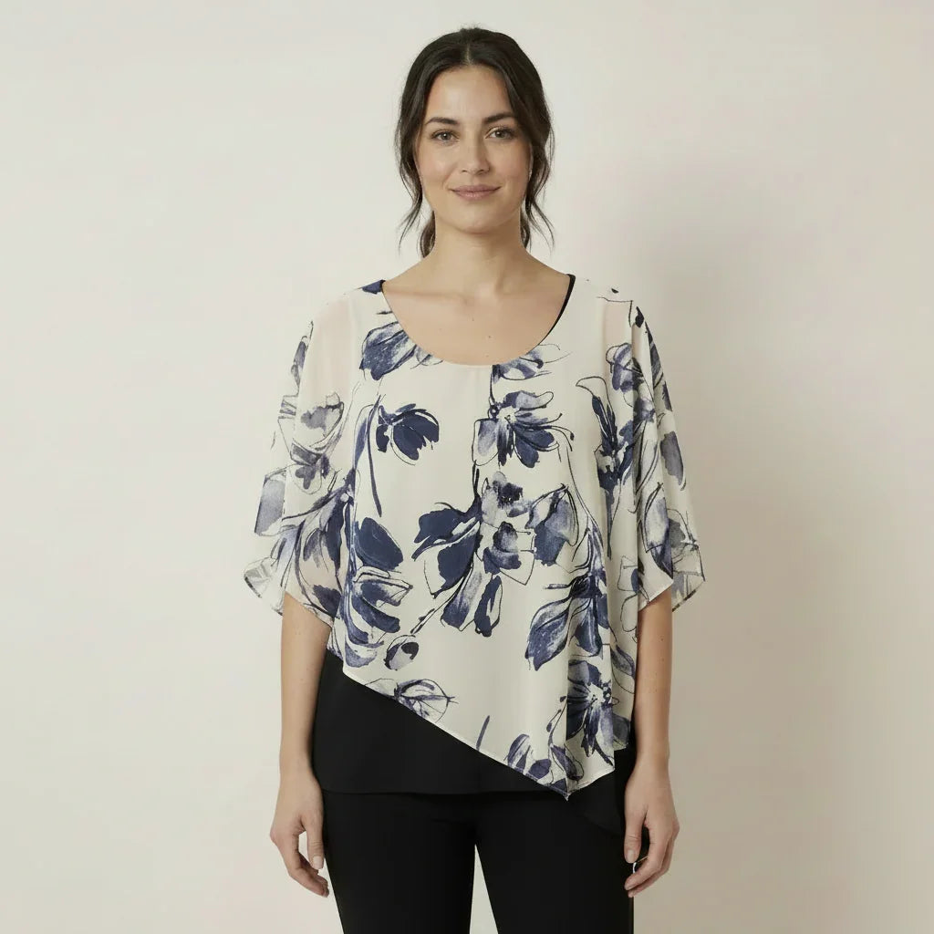 Blouse femme à motifs floraux bleus, manches volantées, style tendance et élégant