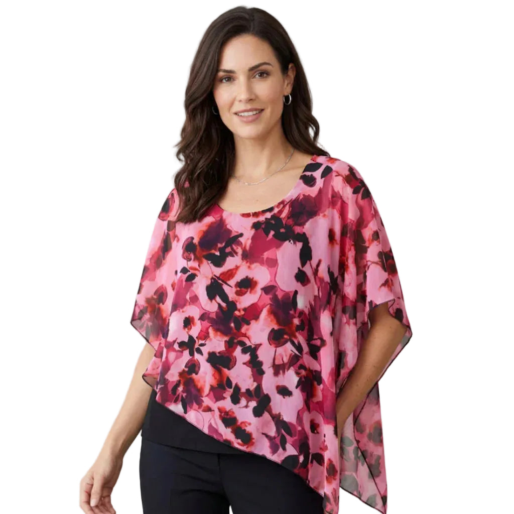 Blouse femme fluide à motif floral rose et noir, style tendance et élégant