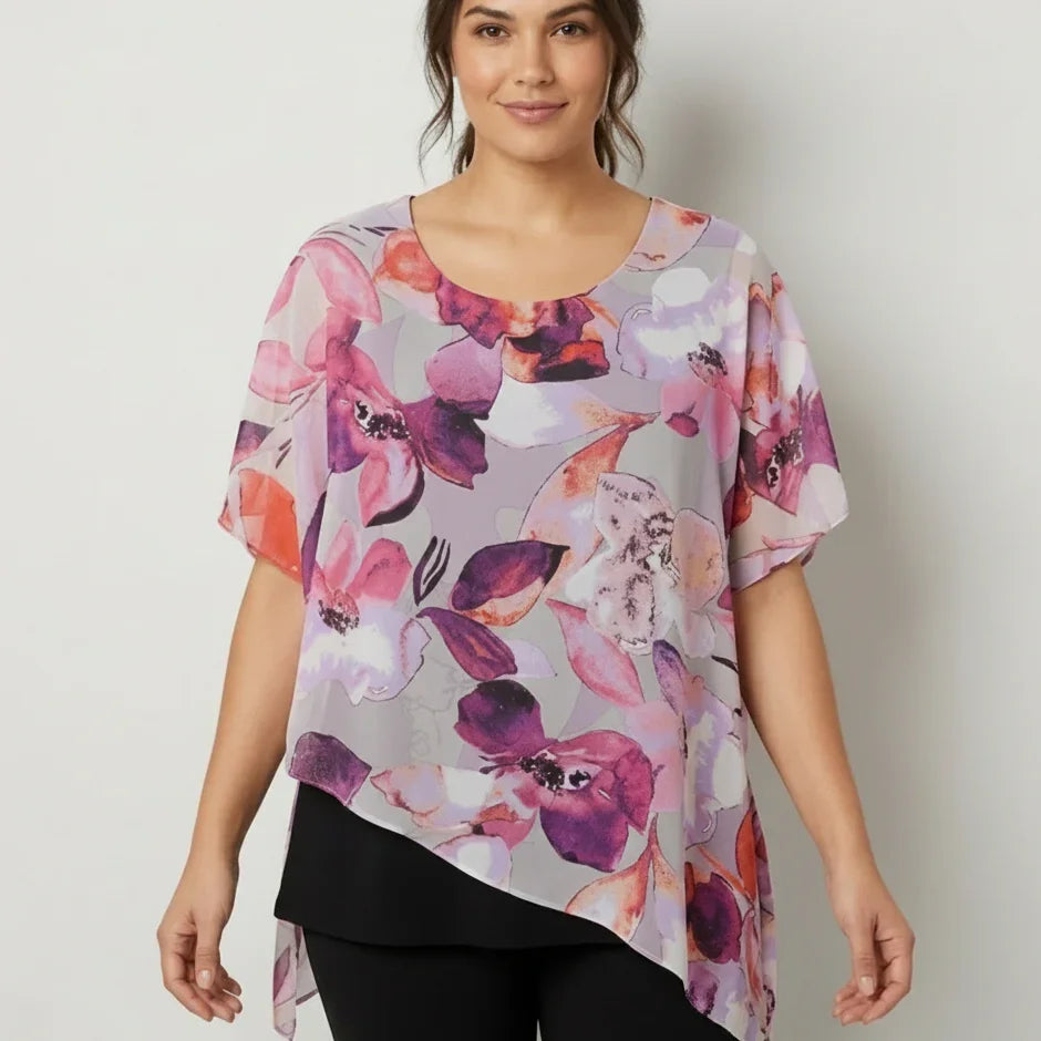 Blouse femme à motifs floraux roses et violets, manches courtes, coupe asymétrique