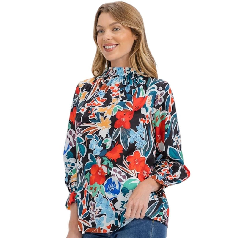 Blouse fleurie col montant