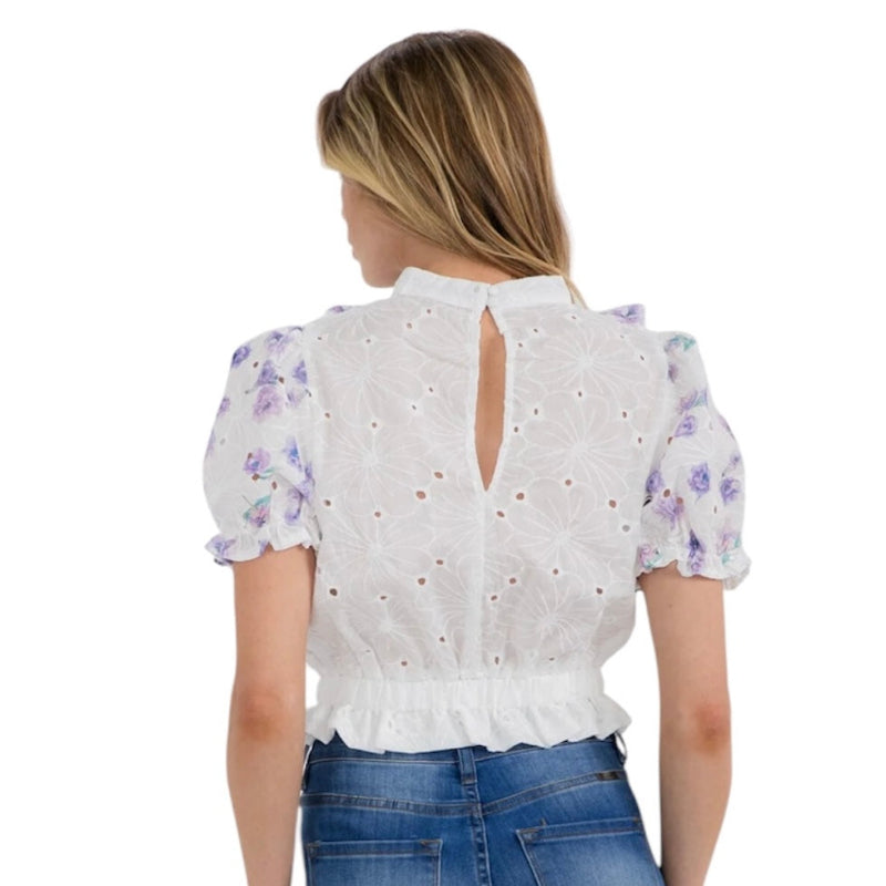 Blouse à manches bouffantes #couleur_blanc-lavande