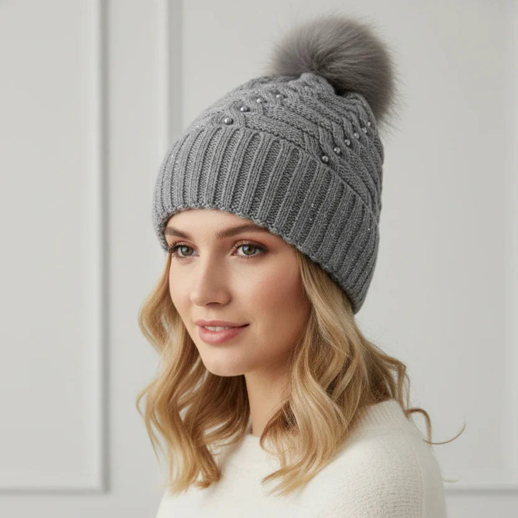 Bonnet pompom fourrure  #couleur_gris