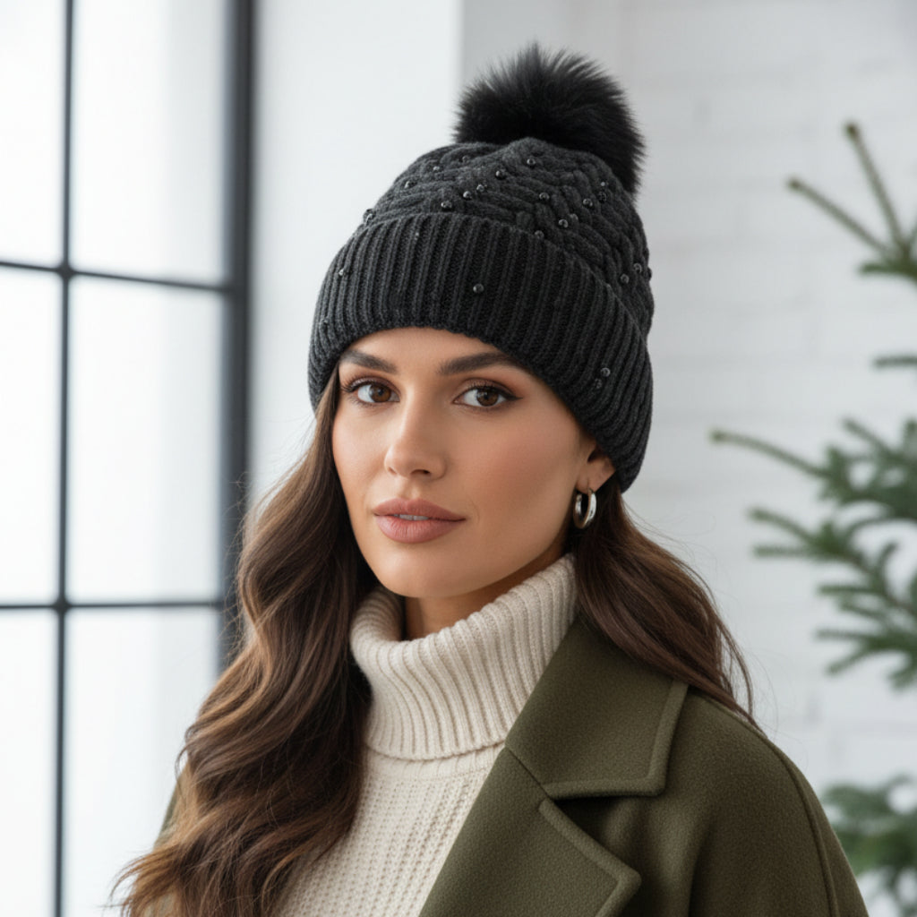 Bonnet pompom fourrure #couleur_noir