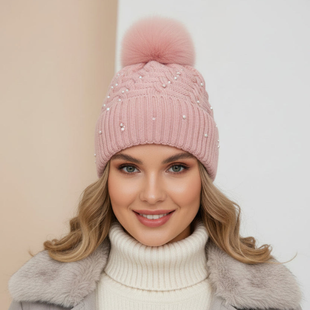 Bonnet pompom fourrure #couleur_rose