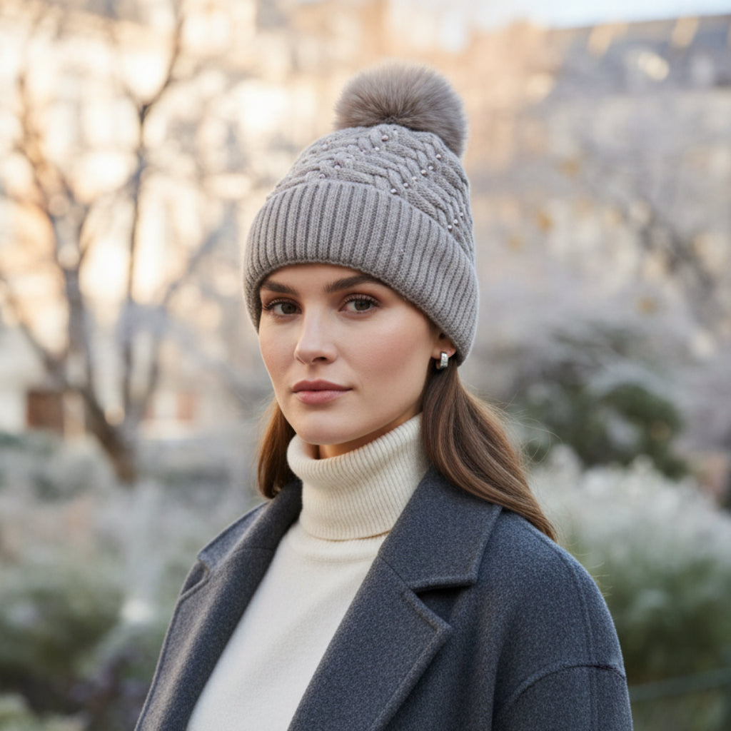 Bonnet pompom fourrure #couleur_taupe