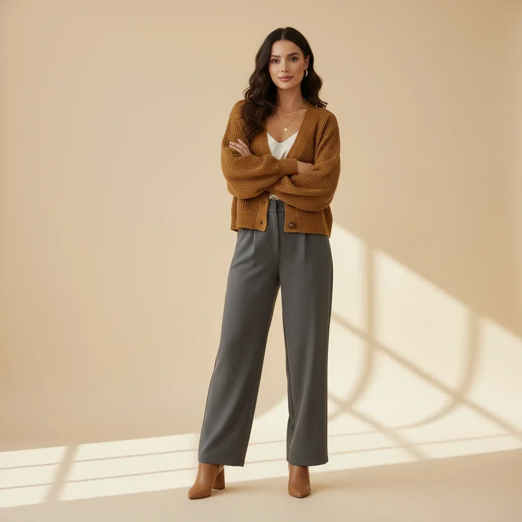 Femme portant un cardigan marron et un pantalon large gris sur fond neutre
