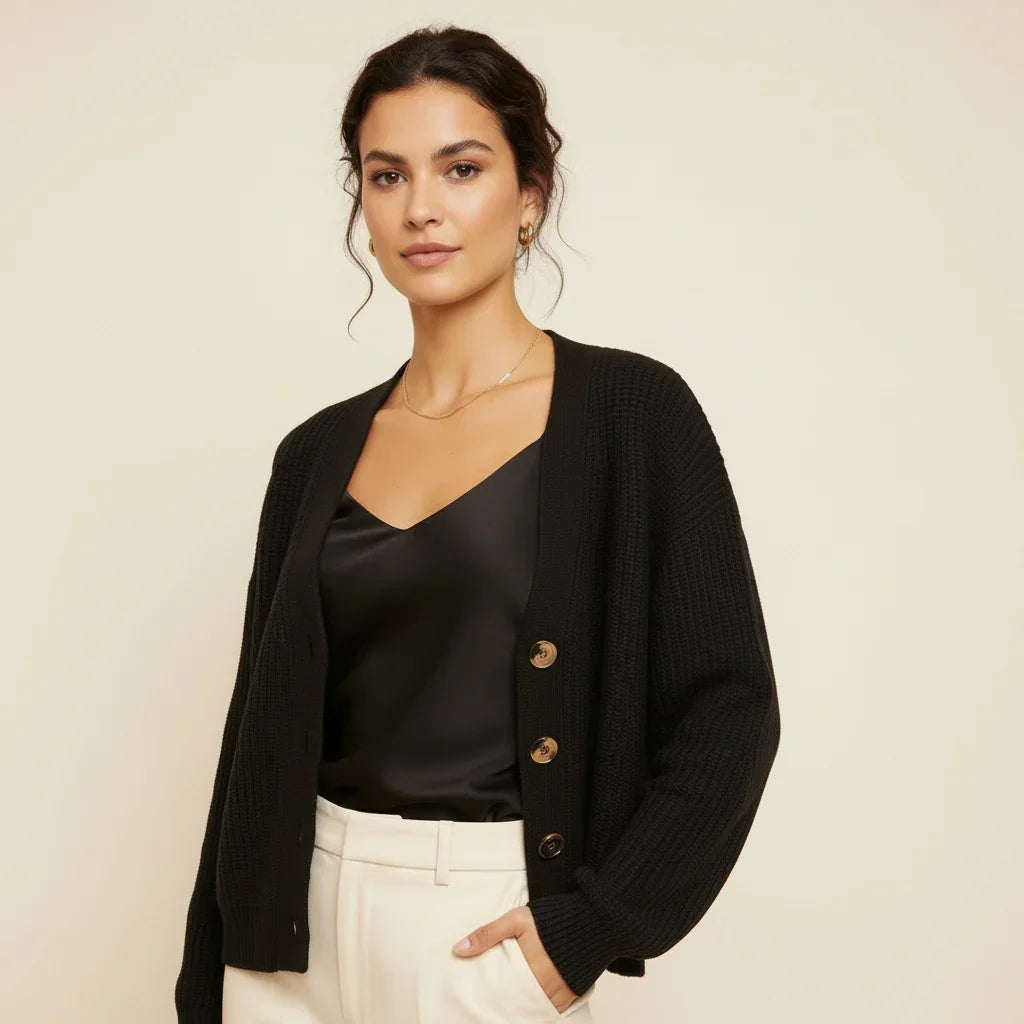 Femme portant un cardigan noir boutonné sur un top en satin noir et un pantalon blanc.