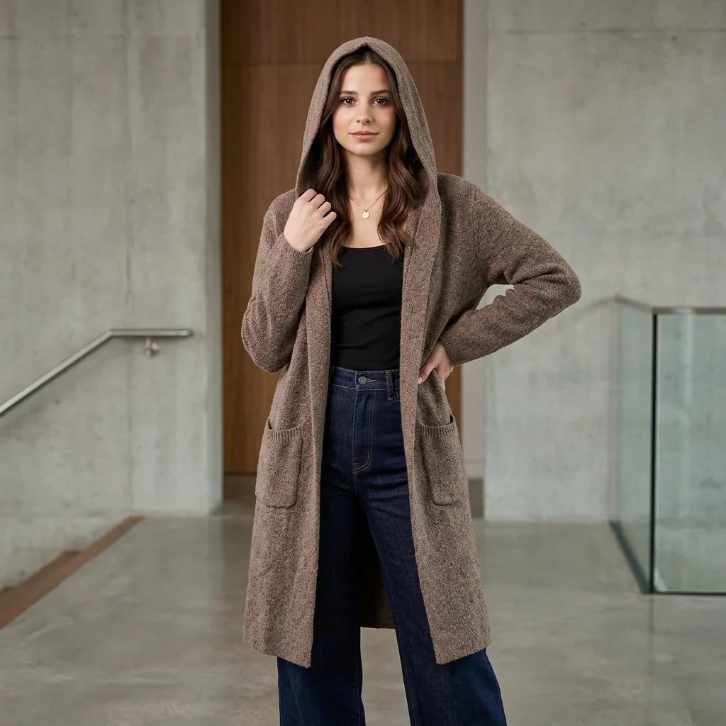 Femme portant un cardigan long avec capuchon marron et jean bleu de la marque C'est Elle.
