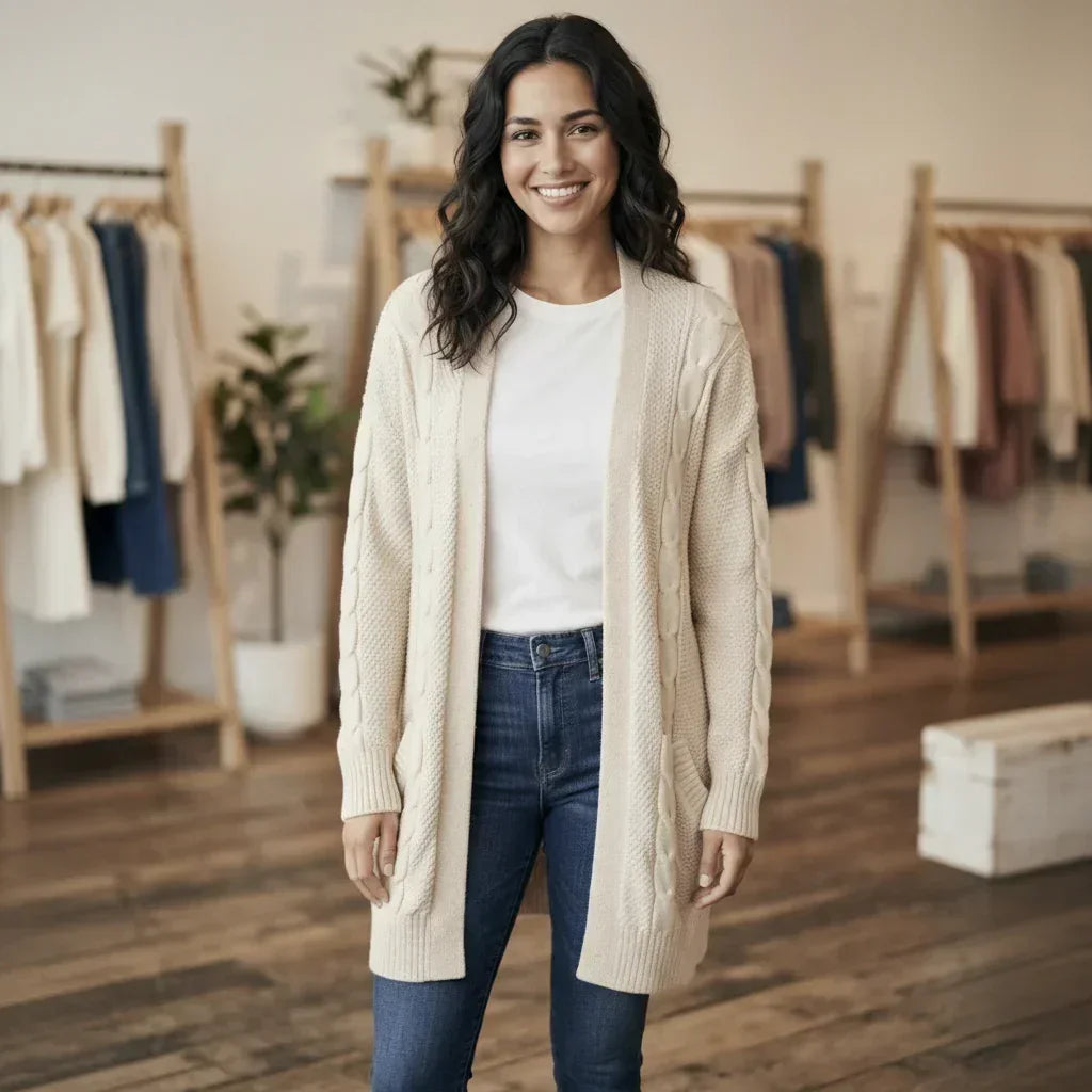 Femme portant un cardigan long beige en coton et un jean bleu dans une boutique de mode.