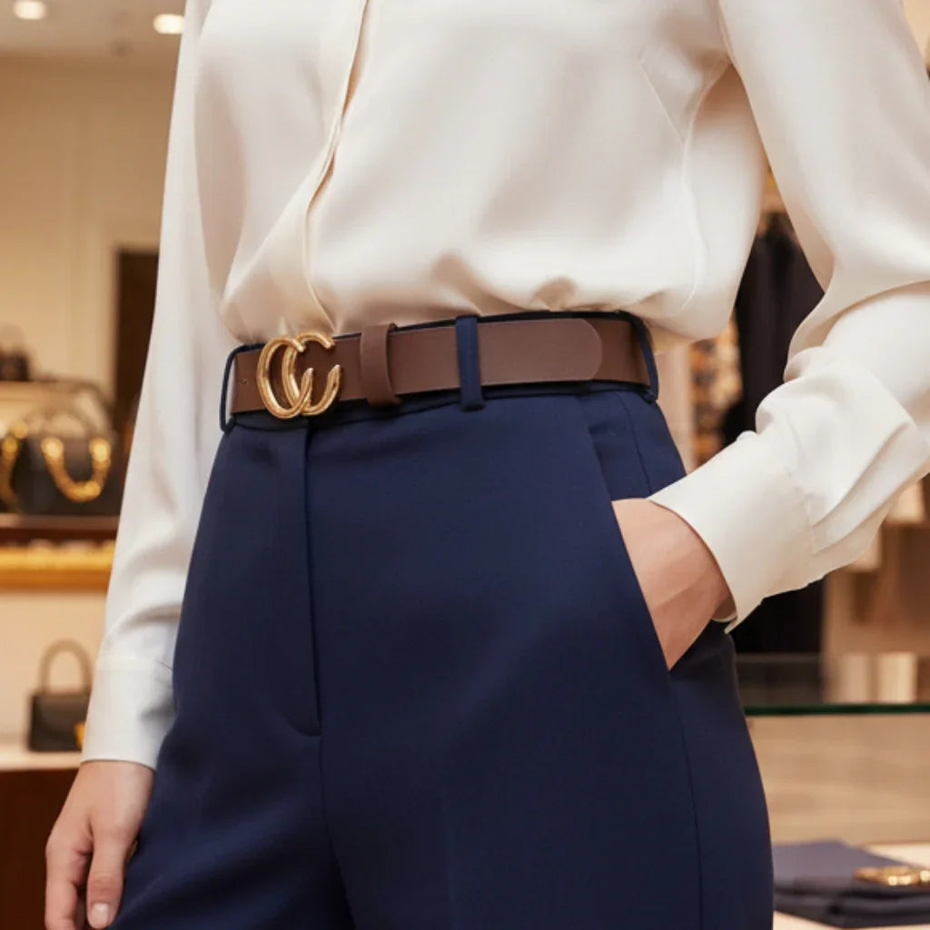 Ceinture femme en cuir marron avec boucle dorée, idéale pour tenue bureau ou mode élégante