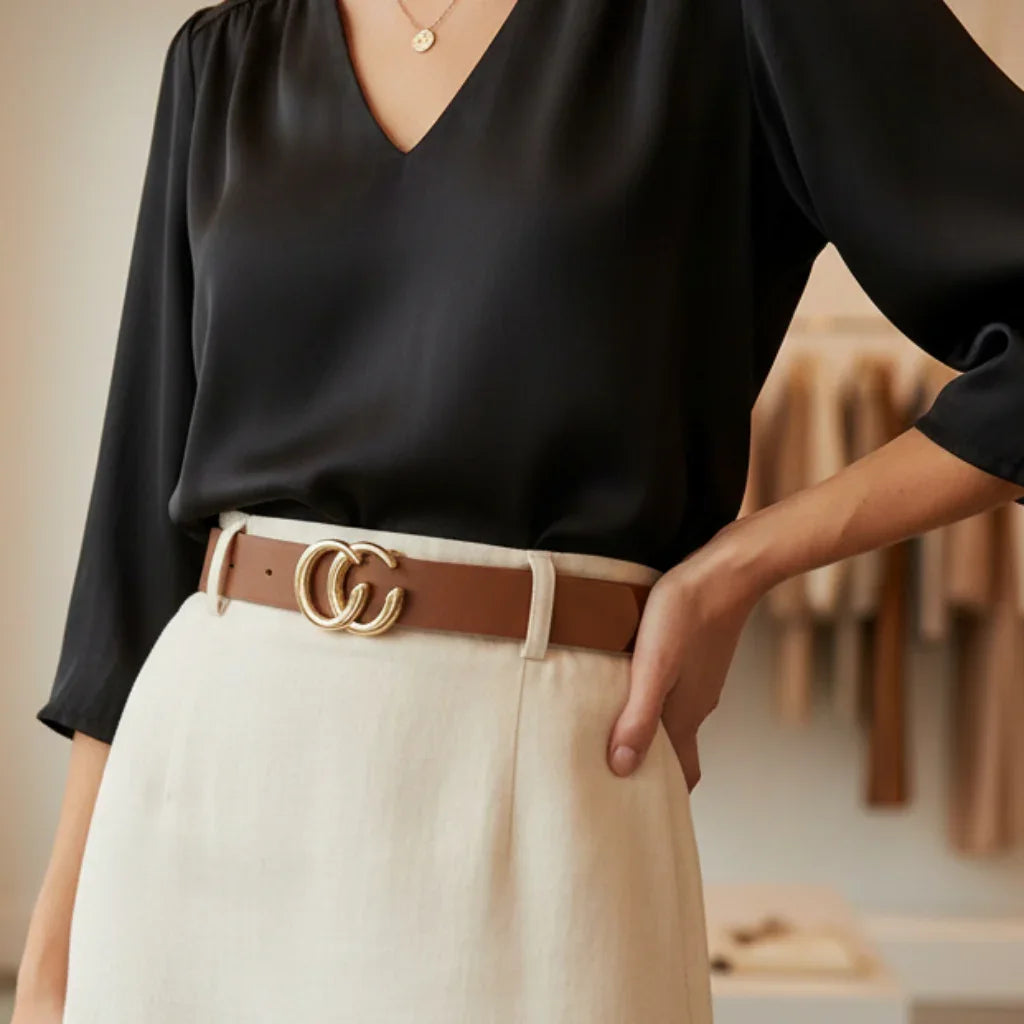Blouse noire soie, ceinture marron dorée, jupe beige - look tendance femme