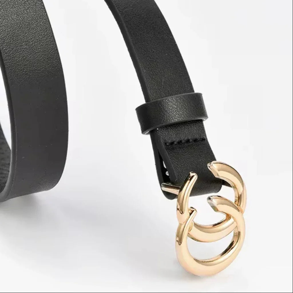Ceinture noire femme avec boucle dorée double G, accessoire mode tendance