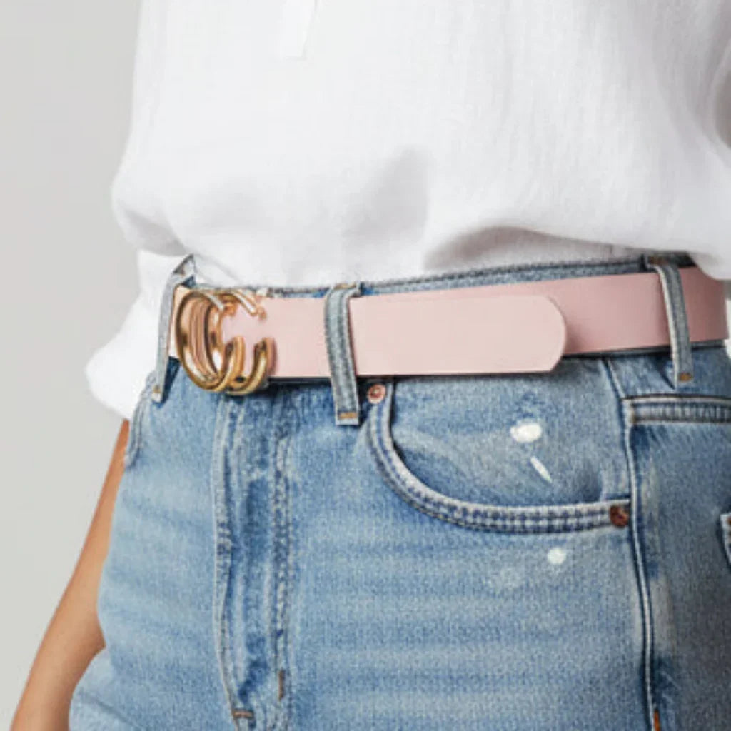 Ceinture rose pâle à boucle dorée pour jeans, accessoire mode femme tendance