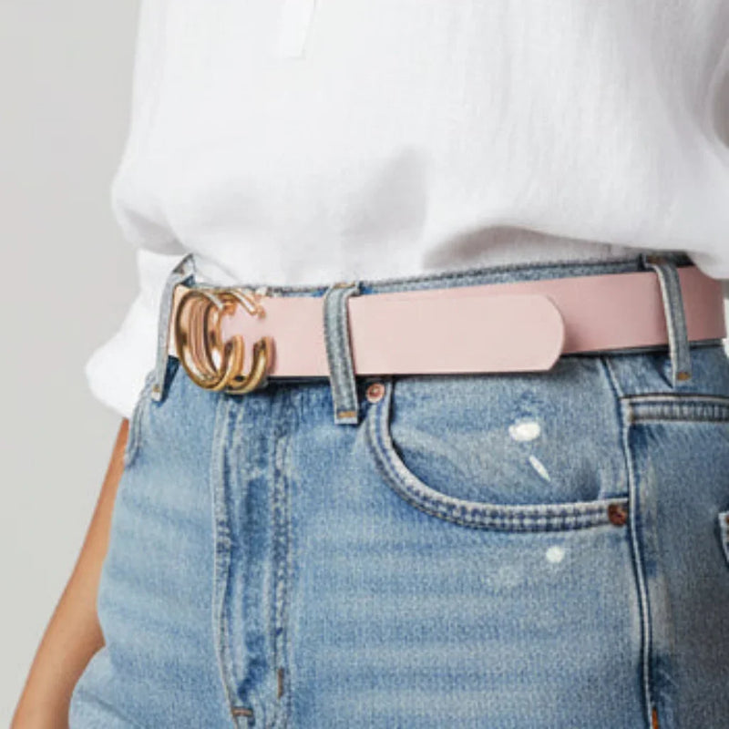 Ceinture rose pâle à boucle dorée pour jeans, accessoire mode femme tendance