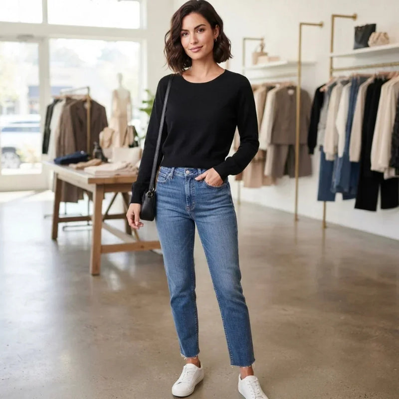 Femme portant un chandail acrylique noir C'est Elle et un jean bleu dans une boutique.