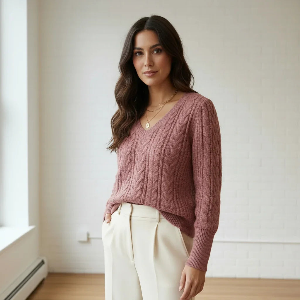Femme portant un pull en maille torsadée rose poudré et un pantalon blanc cassé.