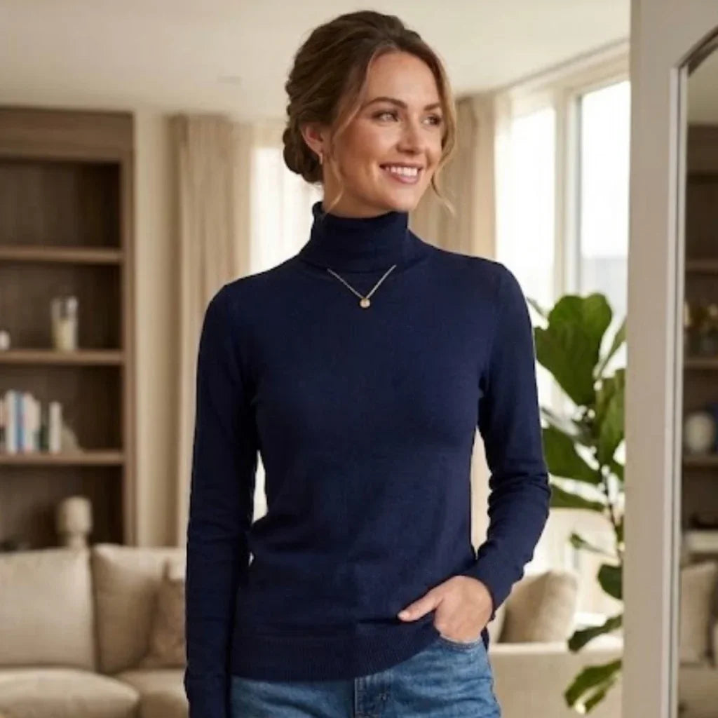 Femme portant un pull à col roulé bleu marine ajusté et un jean bleu.