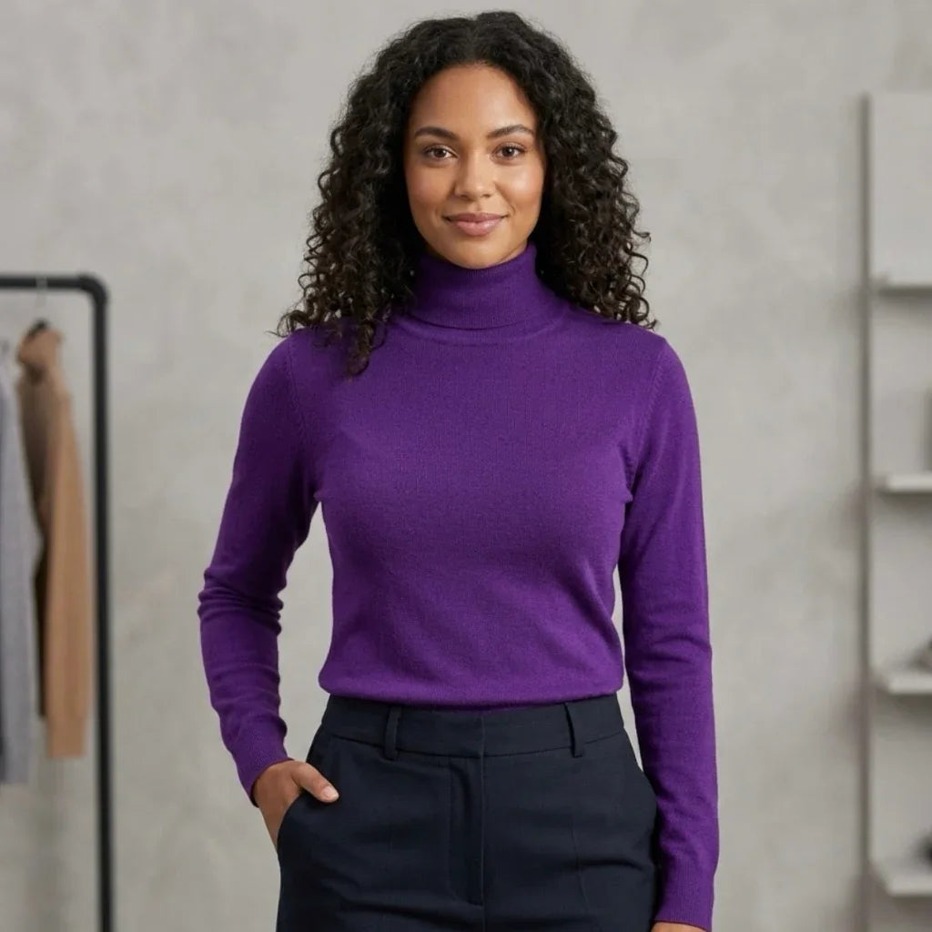 Femme portant un pull à col roulé violet et un pantalon bleu marine