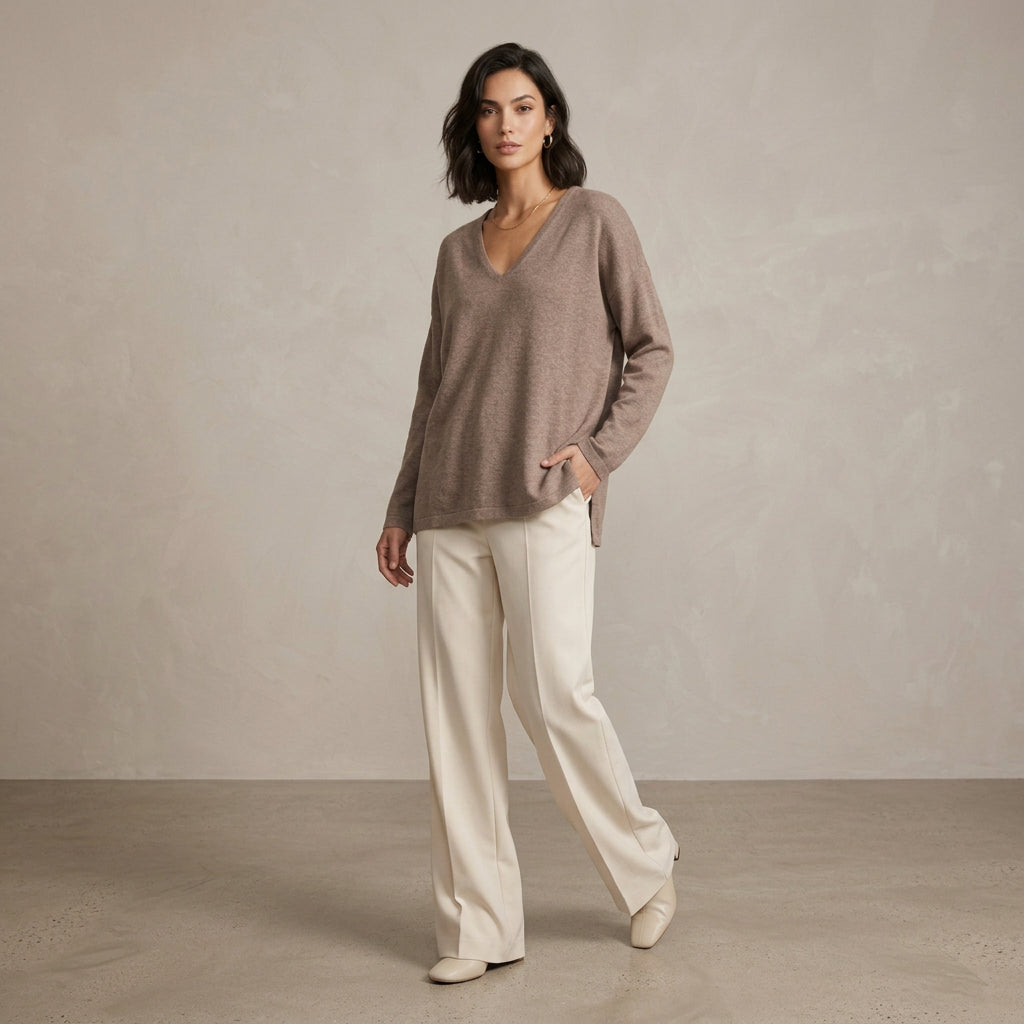 Femme portant un chandail en maille douce taupe et un pantalon large blanc C'est Elle.