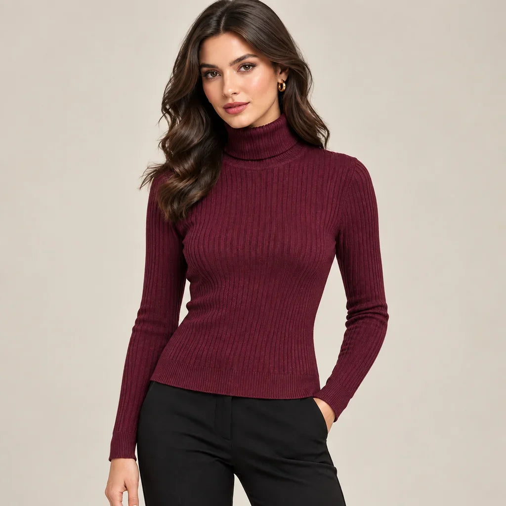 Femme portant un col roulé moulant côtelé bordeaux de C'est Elle et un pantalon noir.