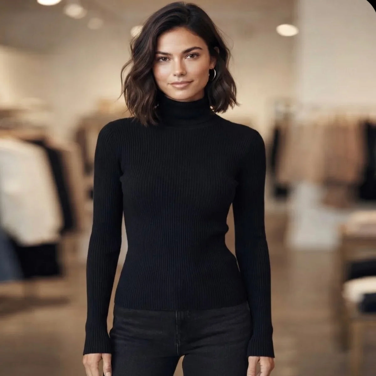 Femme portant un col roulé moulant noir côtelé de la marque C'est Elle.