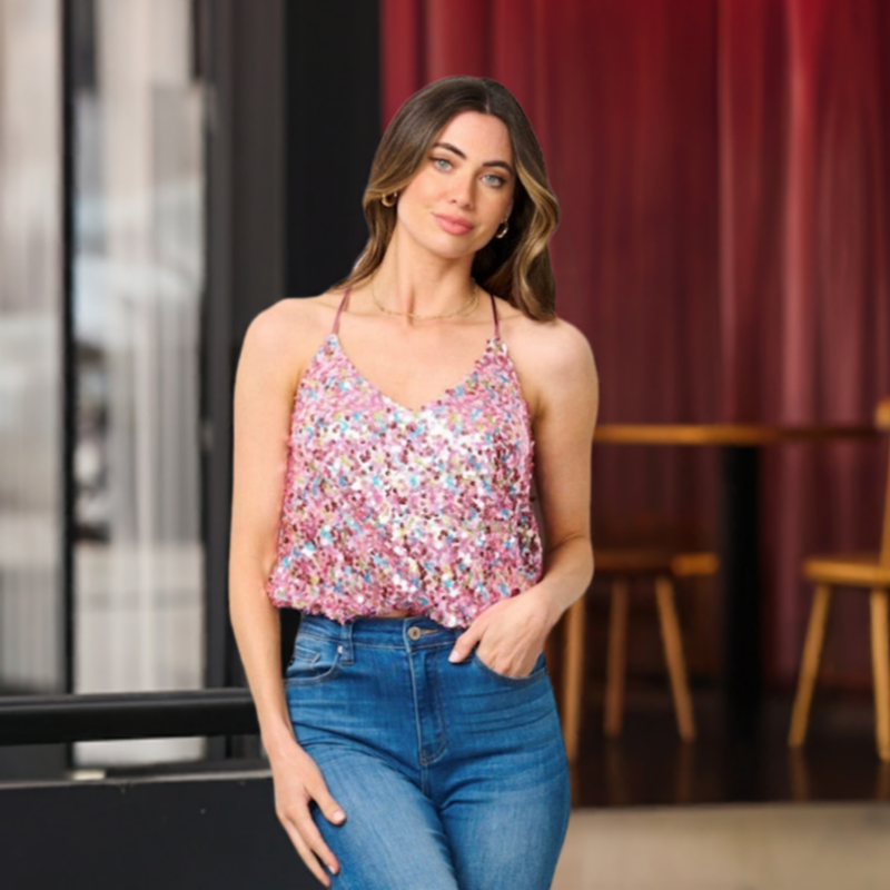 Débardeur sequins col V #couleur_rose