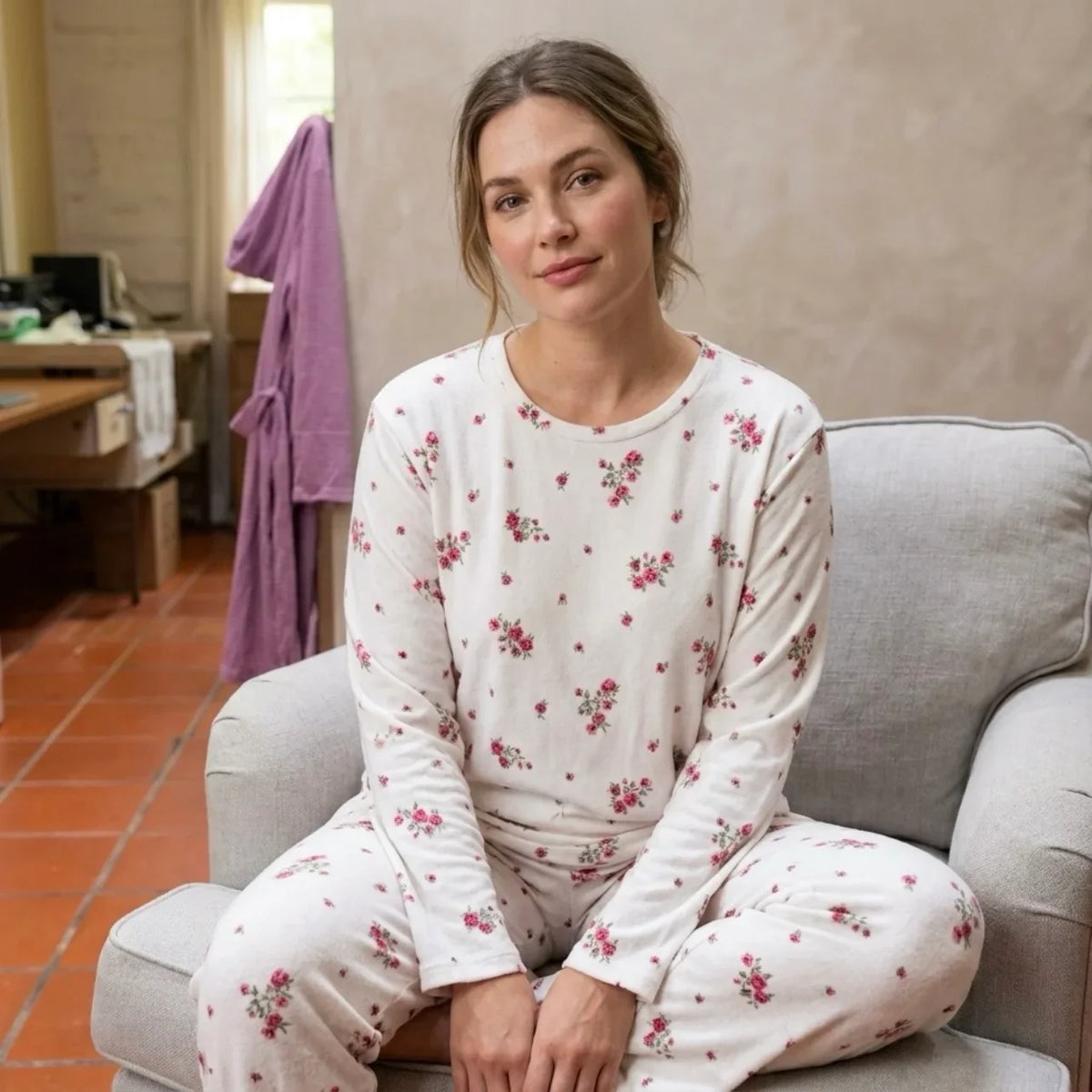 Femme portant un pyjama blanc à fleurs roses, assise dans un fauteuil gris.
