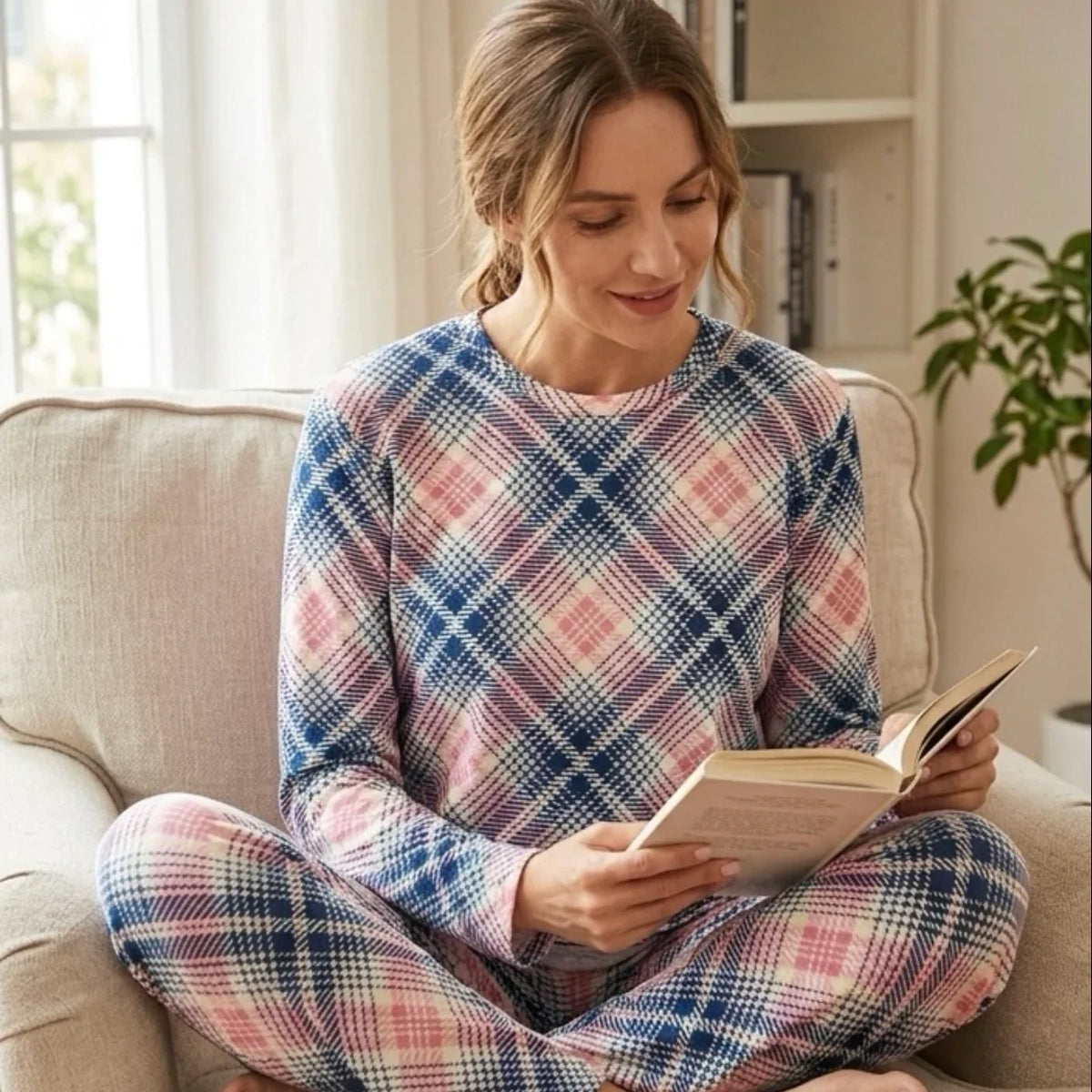 Femme portant un pyjama long à carreaux bleus et roses lisant un livre sur un canapé