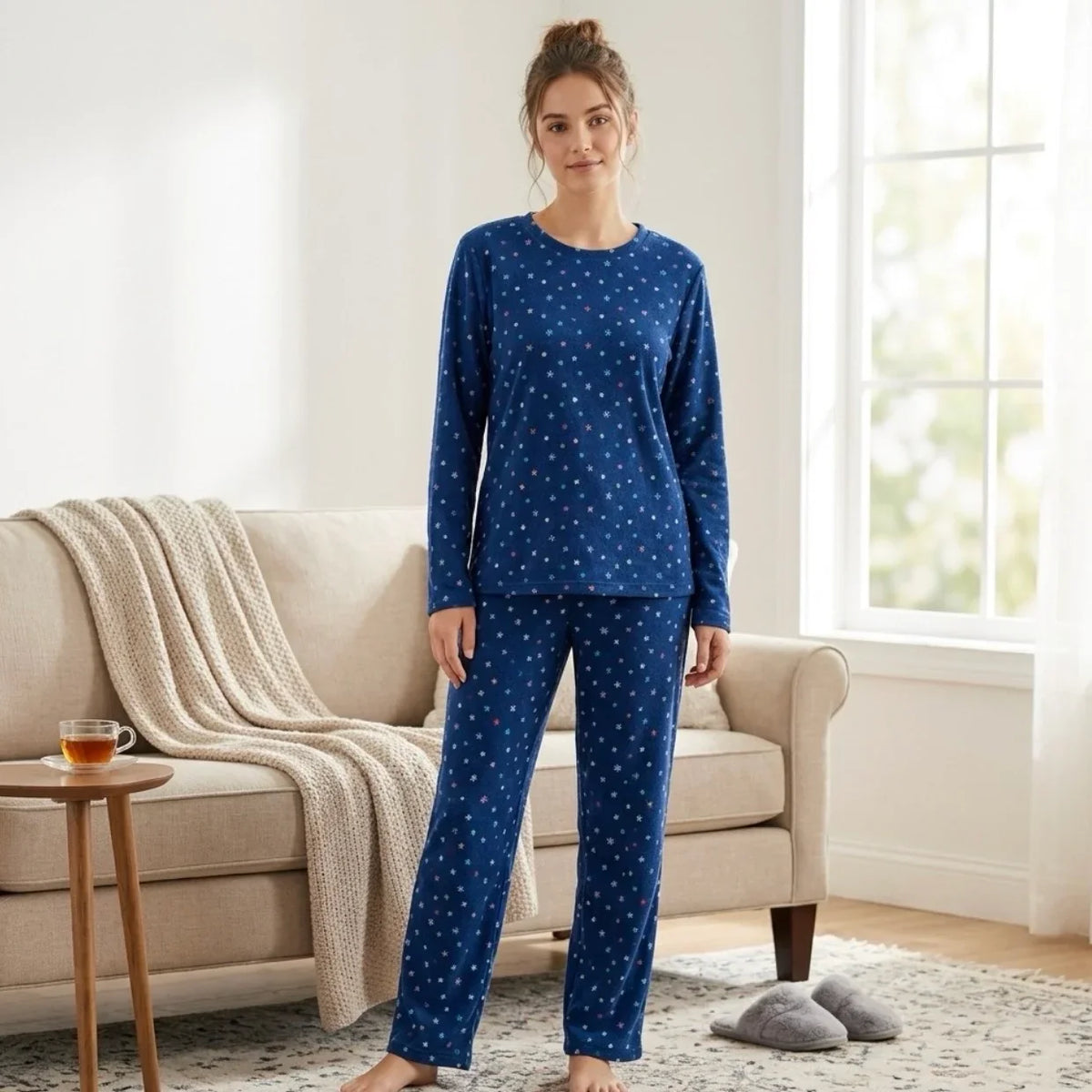 Femme portant un ensemble pyjama bleu marine à motifs étoiles dans un salon lumineux.
