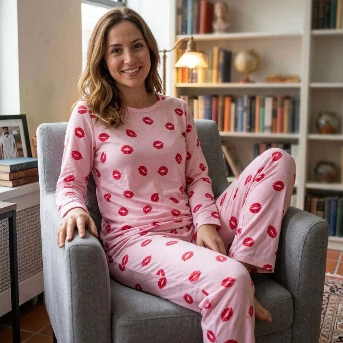 Femme souriante portant un pyjama rose à motifs de lèvres rouges, assise dans un fauteuil gris.