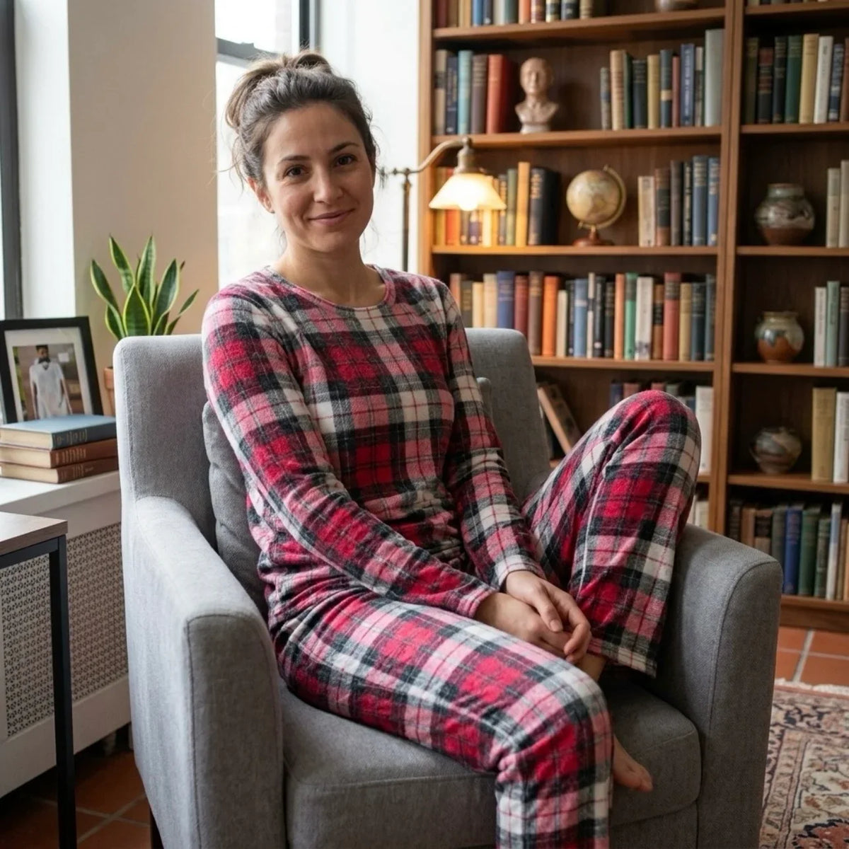 Femme souriante portant un ensemble pyjama à carreaux rouges et gris, assise dans un fauteuil.