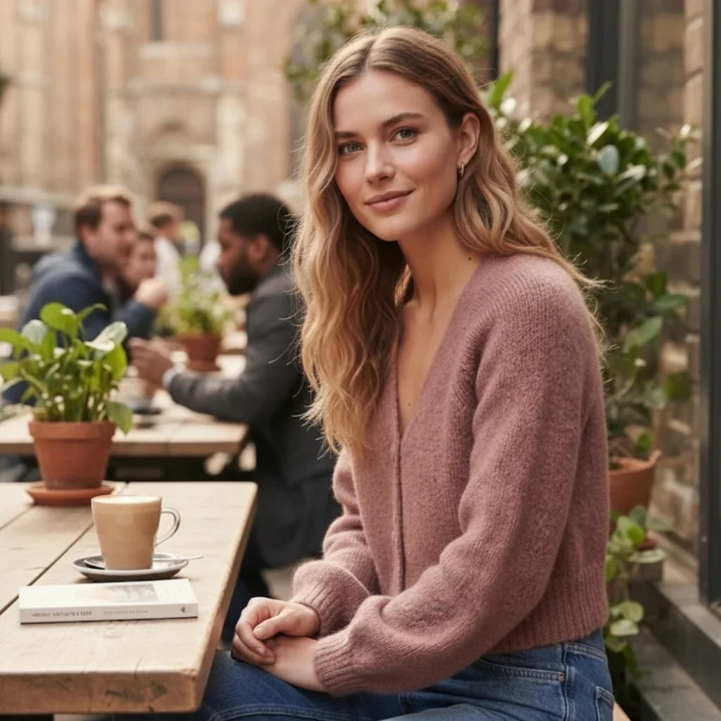 Femme portant un cardigan en maille rose poudré assise en terrasse de café.