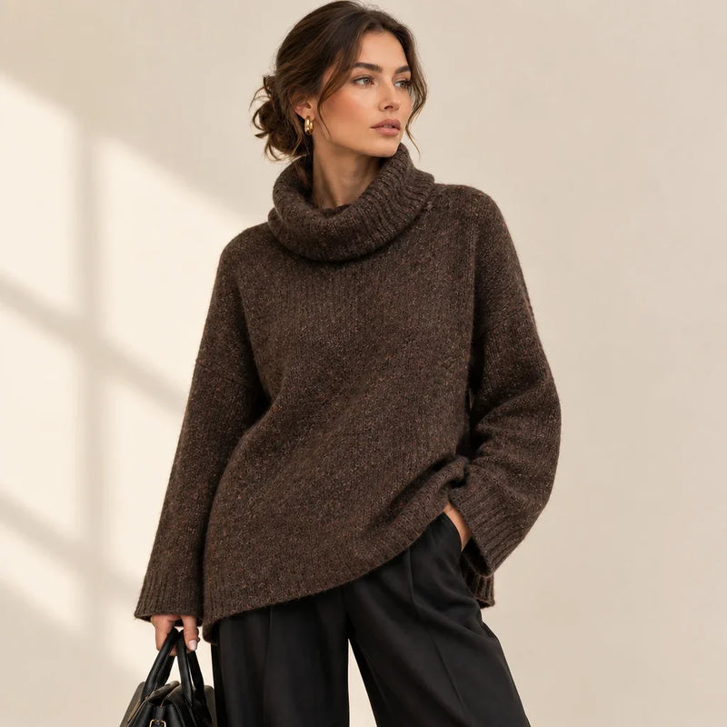 Femme portant un gros pull col roulé marron chiné de chez C'est Elle.