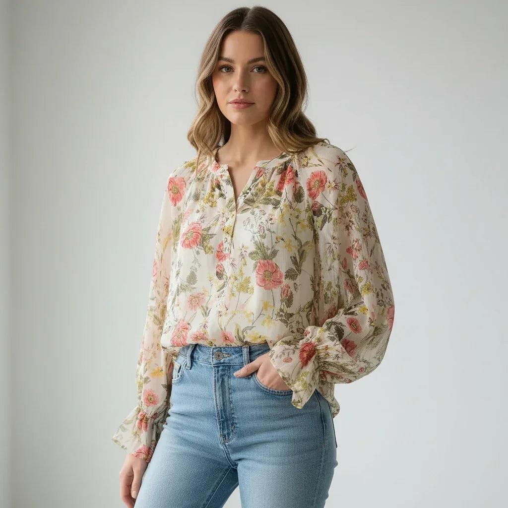 Blouse à fleurs rose et verte pour femme, manches bouffantes, style tendance avec jeans