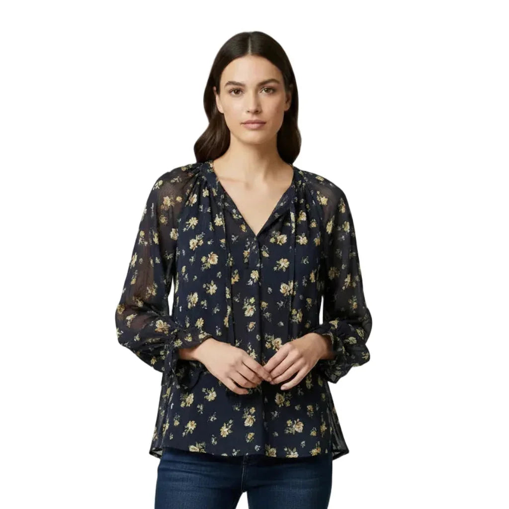 Blouse femme à fleurs bleu marine, manches longues et col plissé, style tendance et élégant