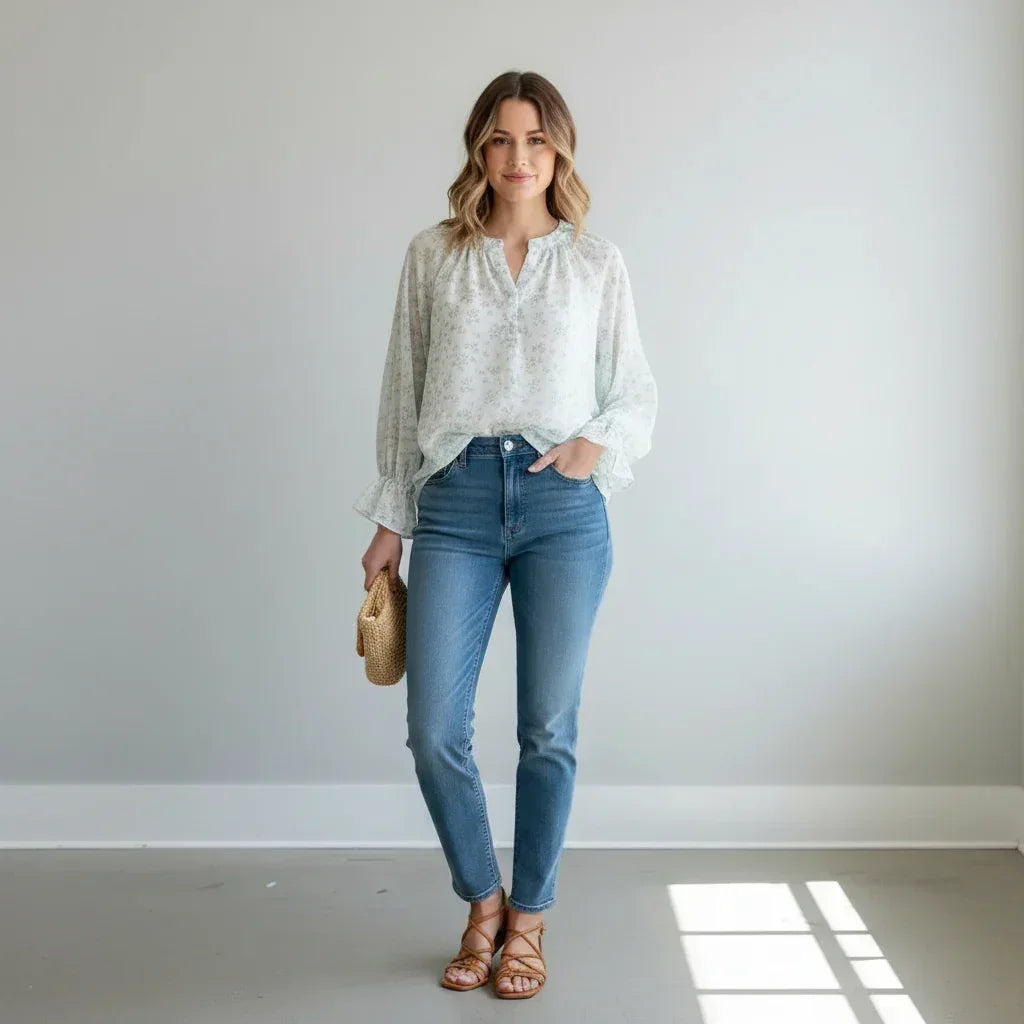 Blouse à fleurs tendance avec jeans et sac paille, look mode femme chic et décontracté
